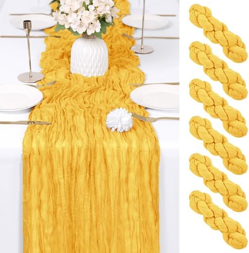 6 Pack Gold Cheesecloth Table Runner 17x108 Inch Semi Sheer Boho Gauze Cheese Cloth Fabric Table Runners Table Decor for Wedding Party Baby Shower Birthday Home Decor Garden Farmhouse by Unknown