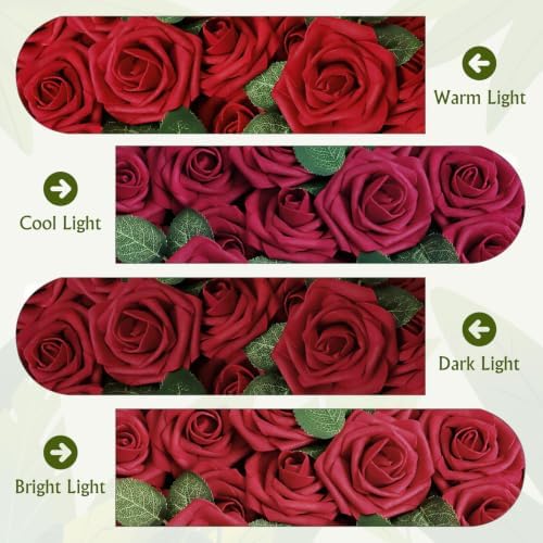 AmyHomie Dark Red Rose 50pcs Real Looking Artificial Flowers w/Stem - Image 5
