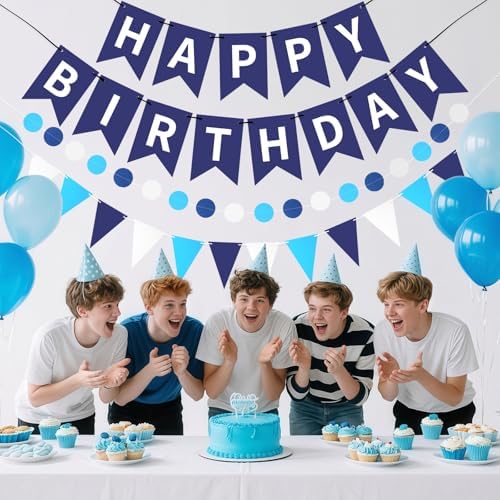 Blue Happy Birthday Banner Hanging Sign Circle Dot Triangle Bunting - Image 4