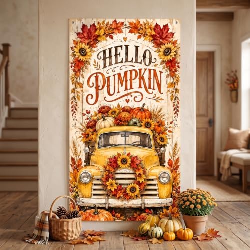 Fall Vertical Door Banner 35x71 Inch, Autumn Front Door Cover with Vintage Yellow Truck Pumpkins Sunflowers Maple Leaves Harvest Hanging Flag for Farmhouse Porch Yard Thanksgiving Outdoor Decor - Image 4