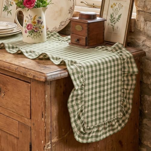 Artoid Mode Green Farmhouse Plaid Gingham Ruffle Table Runner, Seasonal Scalloped Spring Kitchen Dining Table Decoration for Home Party Decor 13x60 Inch - Image 3