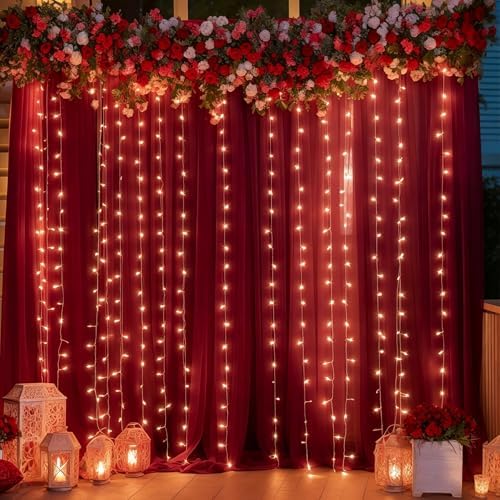 Shillance 20ft x 10ft Burgundy Backdrop Curtain with Lights String for Parties, Sheer Tulle Wedding Photo Backdrops Drapes for Baby Shower Birthday Party Decorations Background for Photography by Shillance