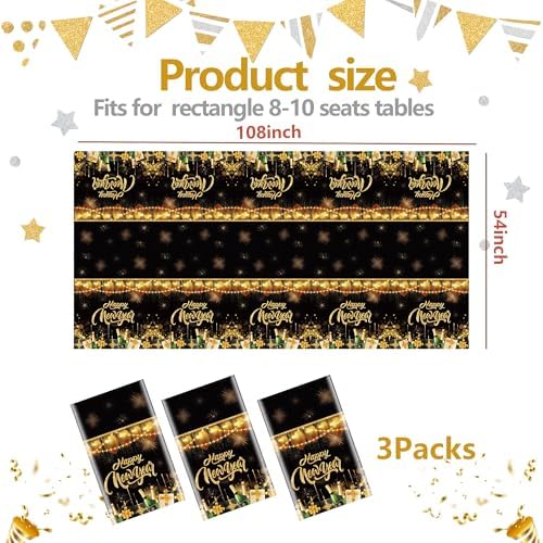 BCCSNNMN 3 Pcs Happy New Year Tablecloths,Rectangle Disposable Plastic Black Gold NYE Table Covers for New Years Eve Party Table Decorations Supplies 54" X 108" - Image 2