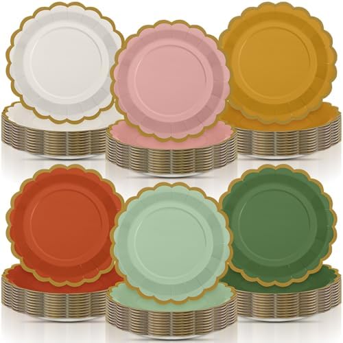 96 Pcs Colorful Paper Plates 9 Inch Boho Vintage Scalloped Paper Disposable Dinner Dessert Plates for Birthday Wedding Bridal Party Supplies, 6 Colors by Tiangrid