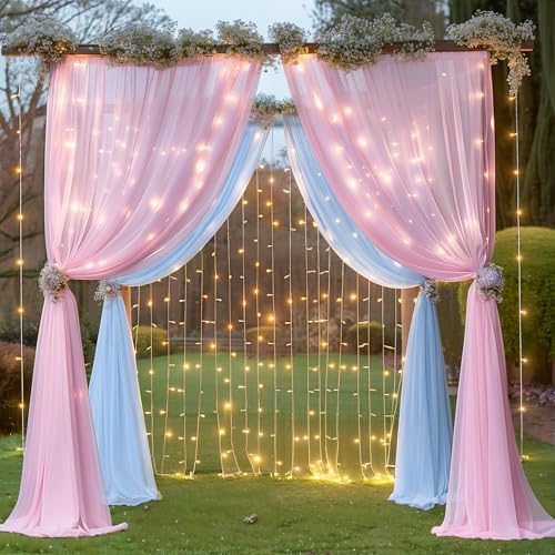 10×10ft Pink Blue Tulle Backdrop Curtain with Lights String for Parties, Sheer Photo Backdrop Curtains for Wedding Party Photography Background - Image 6