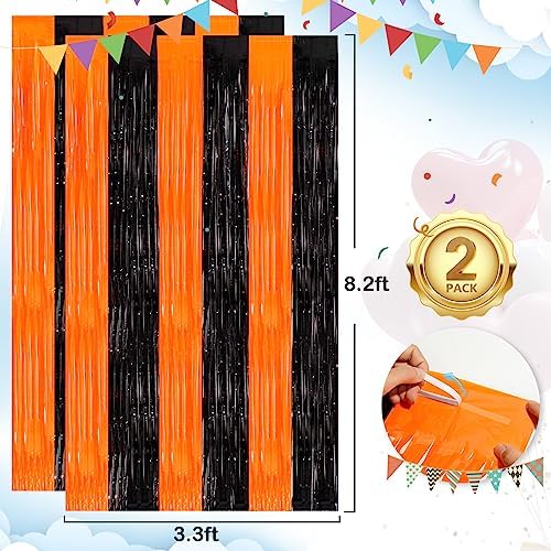 Black Orange Halloween Backdrop, 2 Pack Tinsel Foil Fringe Curtains - Image 3