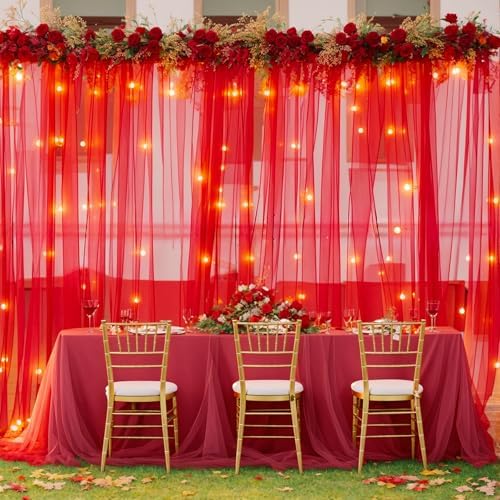 20×10ft Red Tulle Backdrop Curtain with Lights for Parties, Sheer Photo Backdrop Curtains for Wedding Party Photography Background - Image 3