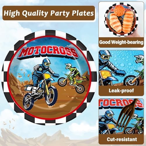 Qyeahkj 200 Pcs Dirt Bike Party Decorations Motorcycle Birthday Party Supplies Dirt Bike Theme Party Paper Plates Set Motocross Party Plates and Napkins Motor Theme Party Tableware for Boys Serves 50 - Image 3