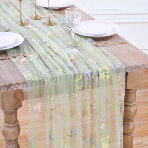 Floral Gauze Table Runner Green 10ft Embroidery Tulle Spring Wildflower by LuoluoHouse
