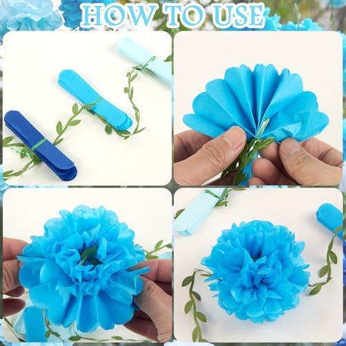 Gradient Blue Tissue Paper Pom Pom Garlands, Paper Flowers for Birthday Decorations, Baby Shower, Wedding Engagement, Bridal Shower, Spring Summer Party Decorations - Image 3