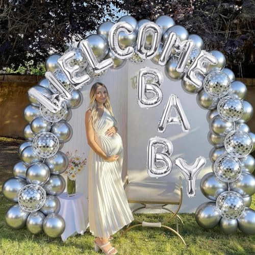 Metallic Silver Baby Shower Decorations Balloons, WELCOME BABY Letter Foil Balloons Banner Backdrop with Chrome Silver Confetti Latex & Heart Balloon for Newborn Infant Babyboy Babygirl Party Decor - Image 4