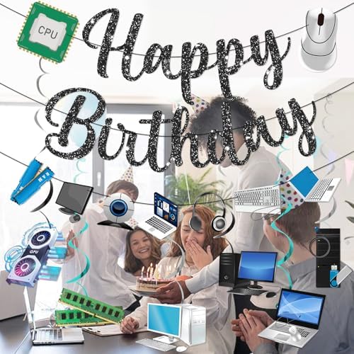 Computer Decorations for Office Birthday Computer Birthday Decorations Black PC Banner Garland Hanging Swirls - Image 4