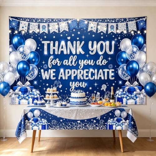 Appreciate You Banner Decorations, Blue Silver Thank You for All You Do Backdrop Banner, Reusable Anti-Tear Fabric Background with 6-Meter Hanging Rope, Office Employee Staff Teacher Appreciation Party Supplies 71x43Inch - Image 6