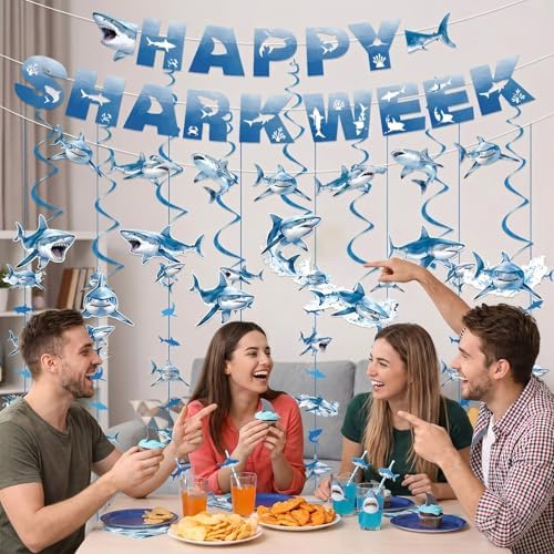 Happy Shark Week Decorations, 15PCS Shark Birthday Party Banners with Hanging Swirls Decorations, Ocean Nautical Fish Hanging Garland Banners Decor - Image 6