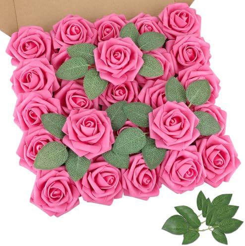 AmyHomie Hot Pink Rose 25pcs Real Looking Artificial Flowers w/Stem by AmyHomie