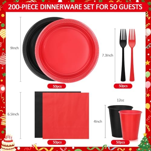 200pcs Red and Black Plastic Plates Party Supplies, Disposable 9’’ Dinner Plates and Napkins, Cups & Cutlery Plastic Dinnerware Set for Birthday, Halloween, Christmas, Serves 50 Guests - Image 2