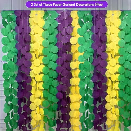 205 Ft Mardi Gras Party Decorations Purple Green Yellow Circle Dot Backdrop Garland Tissue Paper Polka Dots Hanging Streamer for Mardi Gras Birthday Wedding Baby Shower Masquerade Party Supplies - Image 3