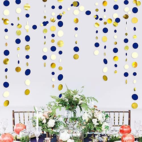 Navy Blue and Gold Circle Dots Garland Royal Blue Hanging Paper Polka Dot Streamer for Birthday Wedding Bridal Shower Graduations Nautical Ahoy Achor Pirate Themed Party Decorations Supplies - Image 6