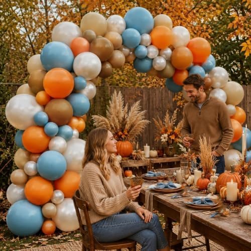 Blue Orange Balloon Garland Double Stuffed Fall Thanksgiving Balloon Arch Dusty Blue Brown Pearl White Sand Balloons for Birthday Baby Shower Bridal Wedding Gender Reveal Autumn Party Decorations - Image 5