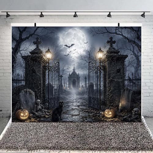 5 x 3 ft Halloween Backdrop Spooky Cemetery Castle Full Moon Pumpkin Black Cat Skeleton Photography Background, Horror Fall Party Decor Photo Booth Props, Kids Birthday Studio Wall Decor Banner - Image 5