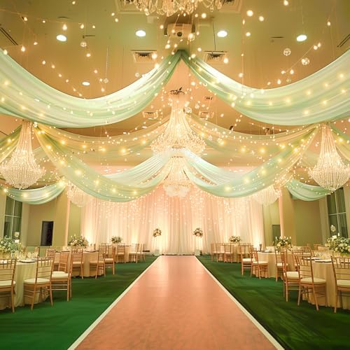 Sage Green Ceiling Drapes with Lights String for Weddings, 6 Panels 5ftx30ft Sheer Tulle Backdrop Photo Background Drapes for Wedding Ceremony Birthday Party Arch Decoration - Image 6