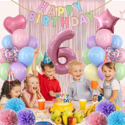 Pastel 6th Birthday Colorful Party Decorations Girls Pink Number 6 Balloon - Image 4