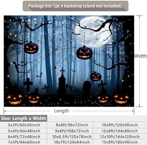 Misty Forest Backdrop Dark Spooky Halloween Eve Full Moon Blue Black Horror Spider Cemetery Hanging Pumpkins Background Photography Studio Photo Booth Props 20x10ft - Image 2