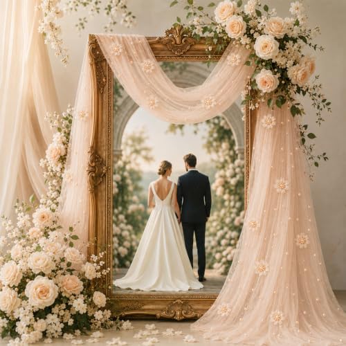 6 Pcs 29x120'' Pearl Tulle Table Runner 10ft Wedding Tablecloth, Gold - Image 6