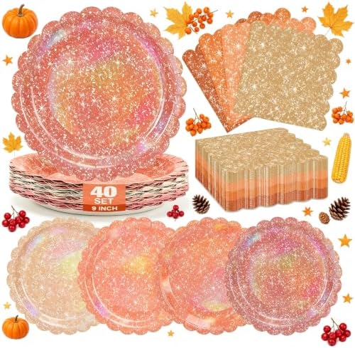 Iridescent Orange Party Plates and Napkins Supplies for Fall Parties 40 Set by CENLBJ