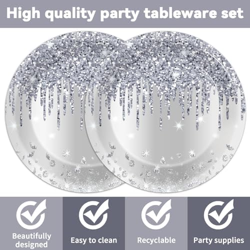 50 Pcs Silver Glitter Disposable Party Plates and Napkins Glitter Diamonds Happy Birthday Party Supplies for 25 Guests Table Decorations for Wedding Silver Birthday Decorations Paper Plates Napkins - Image 3