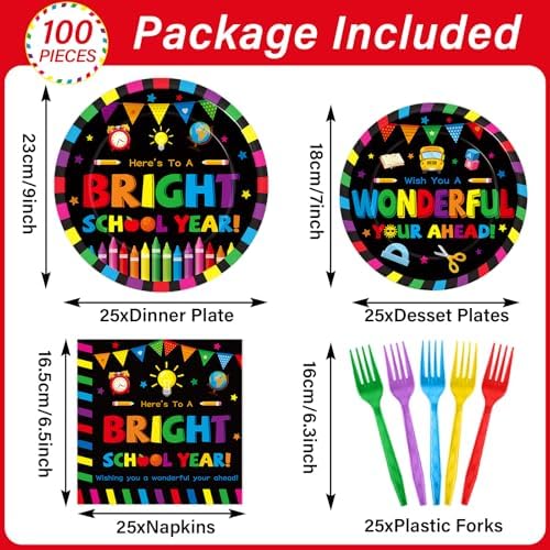 100PCS Back To School Decorations School Season Supplies Paper Plates Napkins Disposable Black Bottom Colorful Pattern Tableware Dinnerware for Student Birthday Picnic First Day of School Serves 25 - Image 2