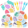 96 Pieces Easter Day Tableware Set Party Supplies - Colorful Eggs Pattern Disposable Dinnerware with Paper Plates, Napkins, Forks for Spring Celebrations Picnic Favors by GistomeHome
