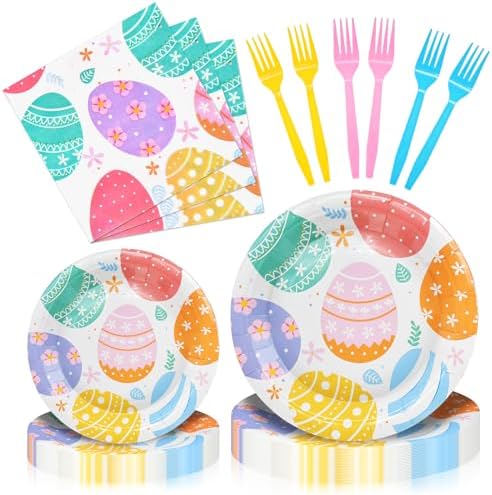 96 Pieces Easter Day Tableware Set Party Supplies - Colorful Eggs Pattern Disposable Dinnerware with Paper Plates, Napkins, Forks for Spring Celebrations Picnic Favors by GistomeHome
