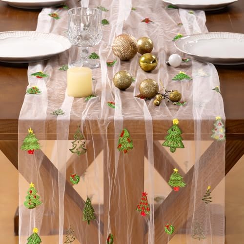 Christmas Tree Table Runner Tulle Gauze Sheer Cheesecloth Party Home Decor - Image 2