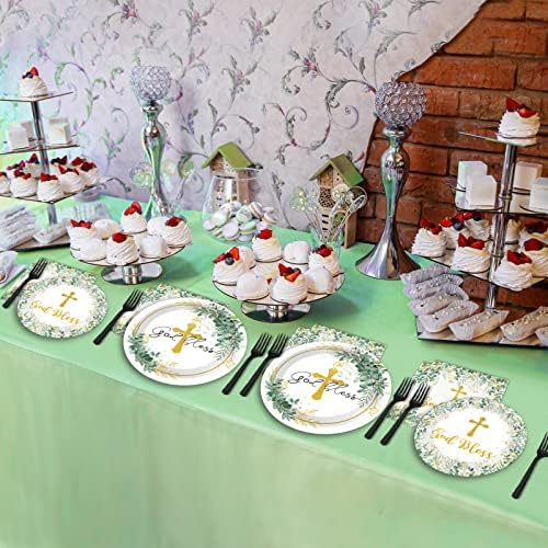 96 Pieces God Bless Party Plates Baptism Theme Party Decorations First Holy Communion Paper Plates and Napkins Mi Bautizo Eucalyptus Leaves Sage Disposable Dessert Tableware Set Supplies 24 Guests - Image 6
