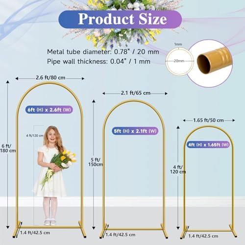 Hemmotop Metal Arch Backdrop Stand, Gold, Set of 3, 6FT, 5FT, 4FT - Image 2
