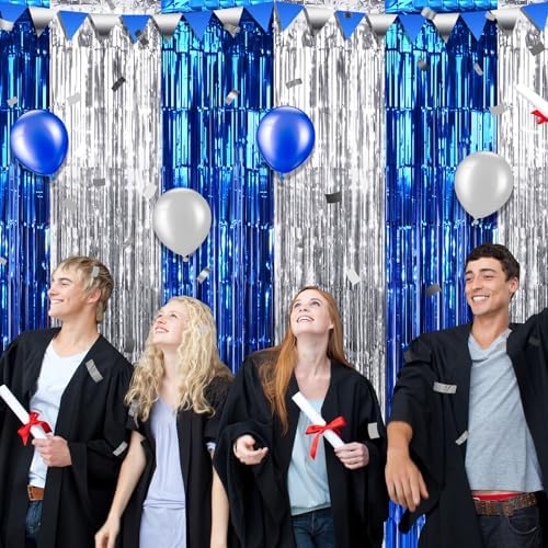 6Pack 3.3Ft x 6.6Ft Graduation Foil Fringe Curtain Backdrop Decorations, Blue Silver Metallic Tinsel Foil Streamers Curtain Photo Booth Background for Graduation Prom Wedding Birthday Party Decoration - Image 6