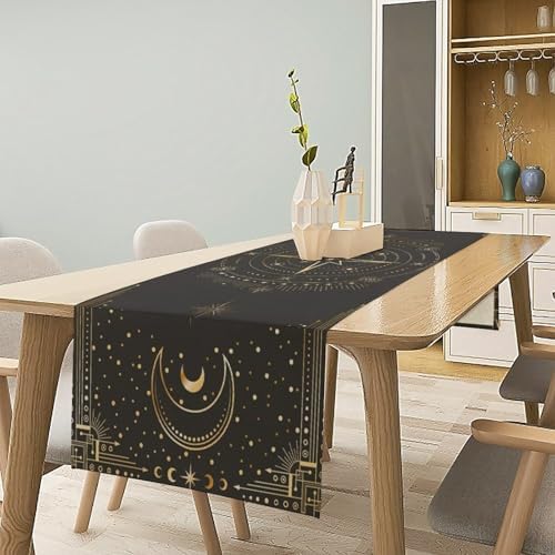 Moon Phase Table Runner Boho Vintage Mystic Tarot Stars Radial Circles Celestial Crescents Dinner Runner for Farmhouse Party Holiday Home Kitchen Dining Table Decoration 13"x120" - Image 2