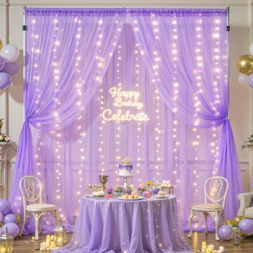 Lavender Tulle Backdrop Curtain with Led Lights for Wedding Baby Shower Girls 10ft X 8ft Lilac Lavender Sheer Backdrop Curtain for Birthday Party Bridal Shower Photoshoot Background Decorations by Suppromo