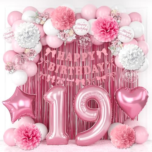 19th Birthday Decorations Girls Pink Number 19 Balloon Bow Coquette Party by KAINSY