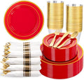 WDF Partyware 350Pieces Red Plastic Plates with Gold Rim Include 50Dinner Plate 10inch 50Dessert Plate 7inch 50 gold Cups 9 OZ, 50 Pre Rolled Napkins for Wedding/Birthday/Christmas/Party by WDF