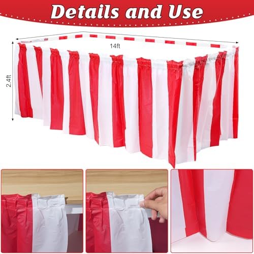 1 Pack Carnival Table Skirt Party Decorations, Red and White Striped Table Skirts, Disposable Table Decorations for Concession Stand Carnival Circus Themed Party Supplies Decorations, 2.4 x 14 Ft - Image 2