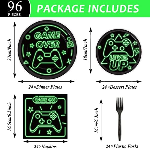 96pcs Video Game Party Supplies Tableware Set Neon Game On Paper Plates and Napkins Green Gaming Birthday Party Decorations Favors for Boys Kids Gamer Baby Shower,Serves 24 - Image 2
