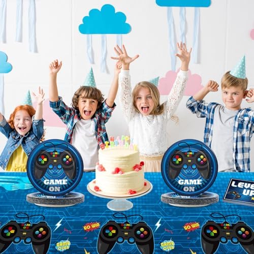 gisgfim Video Game Party Supplies Tableware Set for 20 Guests Gaming Parties Birthday Plates Blue Gamer Party Decorations Includes 7inch Plates, Napkins, Tablecloth - Image 6