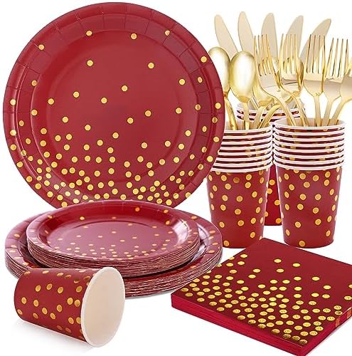 175 PCS Burgundy and Gold Party Supplies - Burgundy Plates and Napkins Sets Serve 25 Guests - Maroon and Gold Paper Plates for Birthday Wedding Graduation Holiday Party Decorations by joyakkess