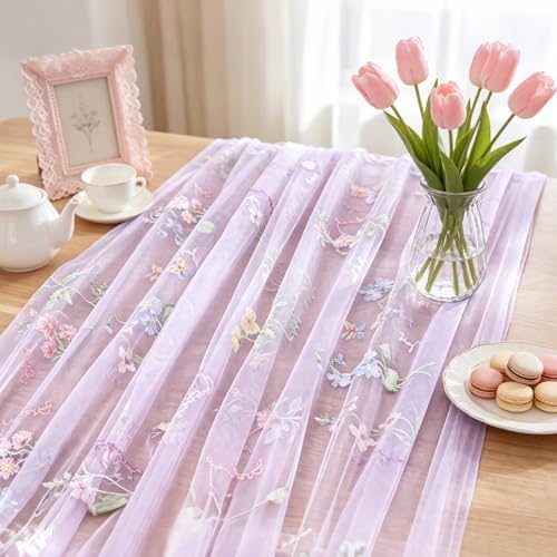 BINBE 6pcs Purple Florals Table Runner Embroidery Gauze 10FT Daisy Seasonal Tulle Birthday Wedding Holiday Kitchen Dining Table Decor for Home Party - Image 5