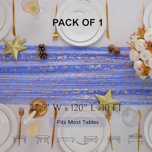 Royal Blue Gold Table Runner Glitter Decorations Sheer Gauze 10 Ft - Image 2