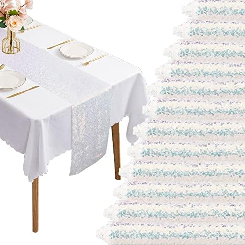 12 Packs Sequin Table Runner Glitter Dining Table Runner for Birthday Wedding Engagement Bridal Baby Shower Bachelorette Holiday Celebration Party Supplies Decorations (12" x 108", White Iridescent) by Fivenl