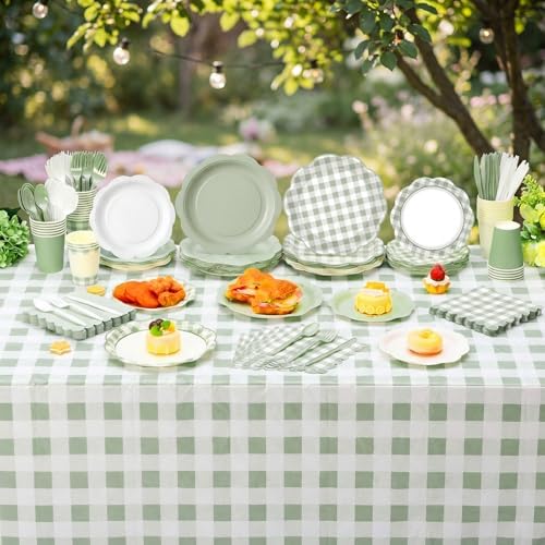 Potchen 392 Pcs Sage Green Gingham Party Supplies Tableware Set Serves 48 - Image 5