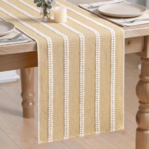 Artoid Mode Burlap Brown Farmhouse Dashed Stripe Table Runner, Seasonal Holiday Boho Rustic Kitchen Dining Table Decoration for Home Party Decor 12x72 Inch by ArtoidMode